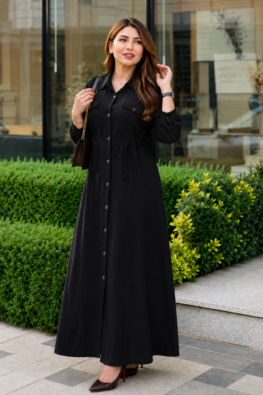 Black Women's Maxi Style Dress with Waist Belt | Casual & Office Wear