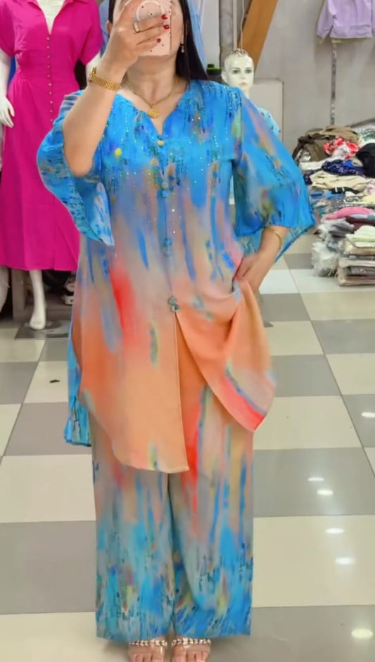 (Co-Ord} Long Suit St Kurta - Palazzo  Stylish Dress