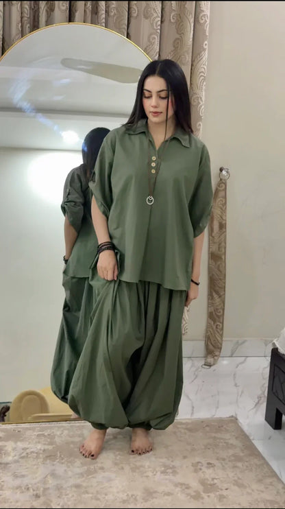 Ira Rayon Co-ord Set for Women | Relaxed Fit Shirt Top with Draped Pants