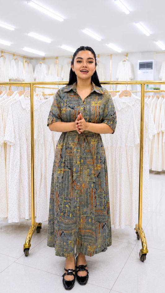 Urban Mosaic Premium Printed Rayon Maxi Dress