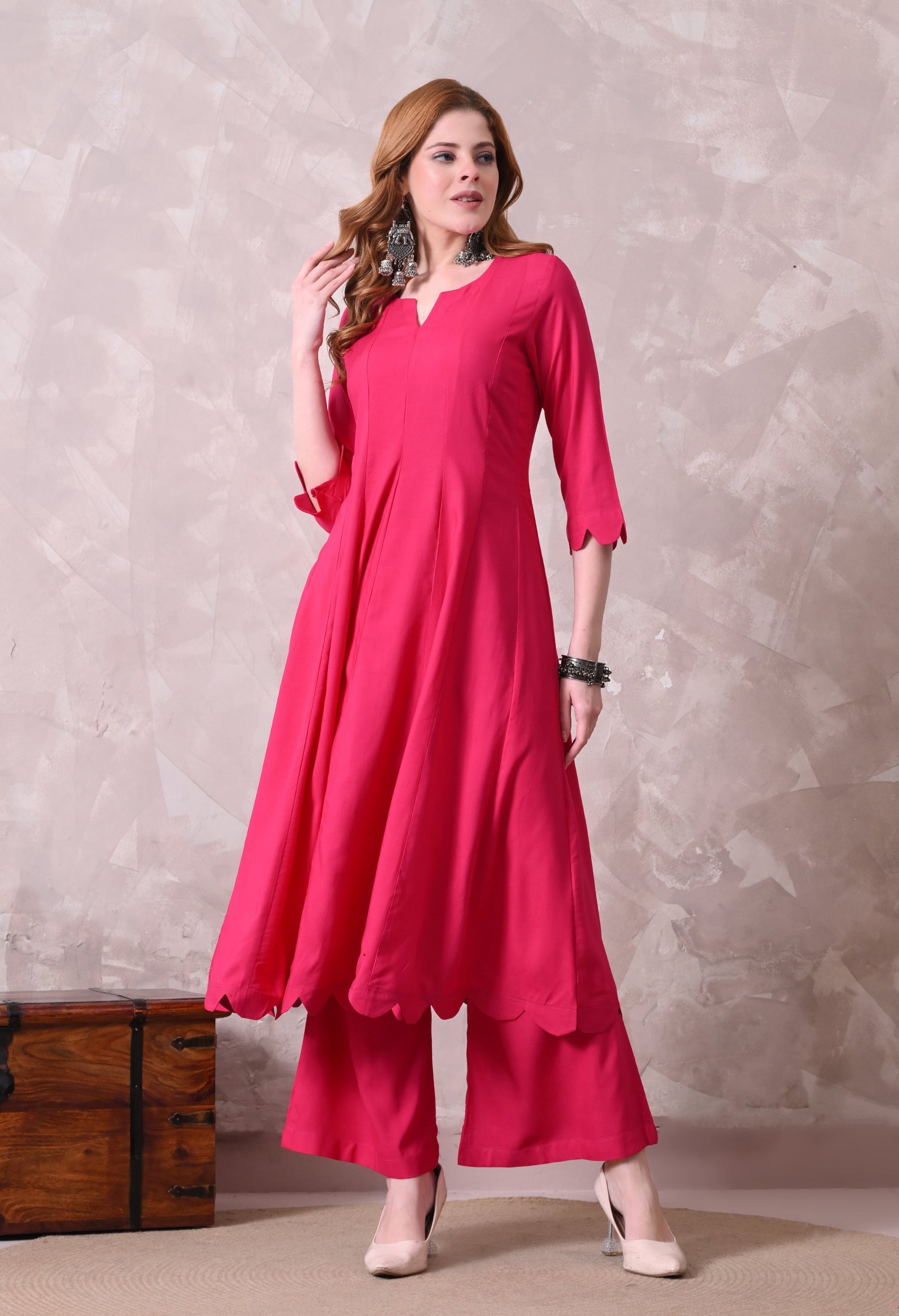Hot Pink Cottan Reyon Anarkali Kurta with Palazzo