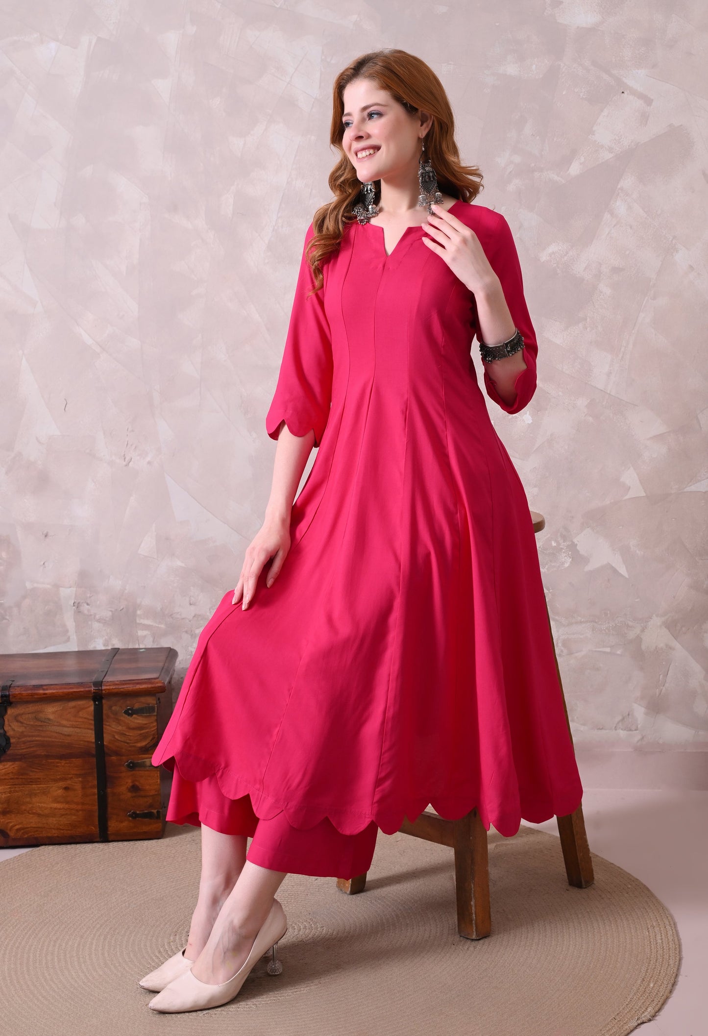 Hot Pink Cottan Reyon Anarkali Kurta with Palazzo