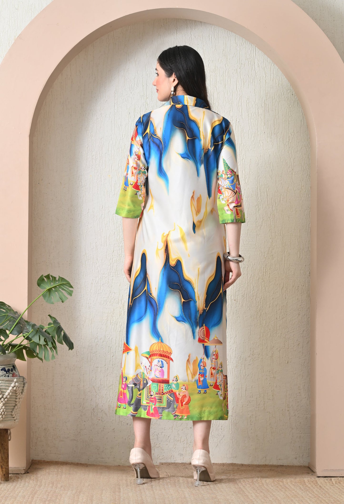 Pichwai Art Print Satin Long Dress