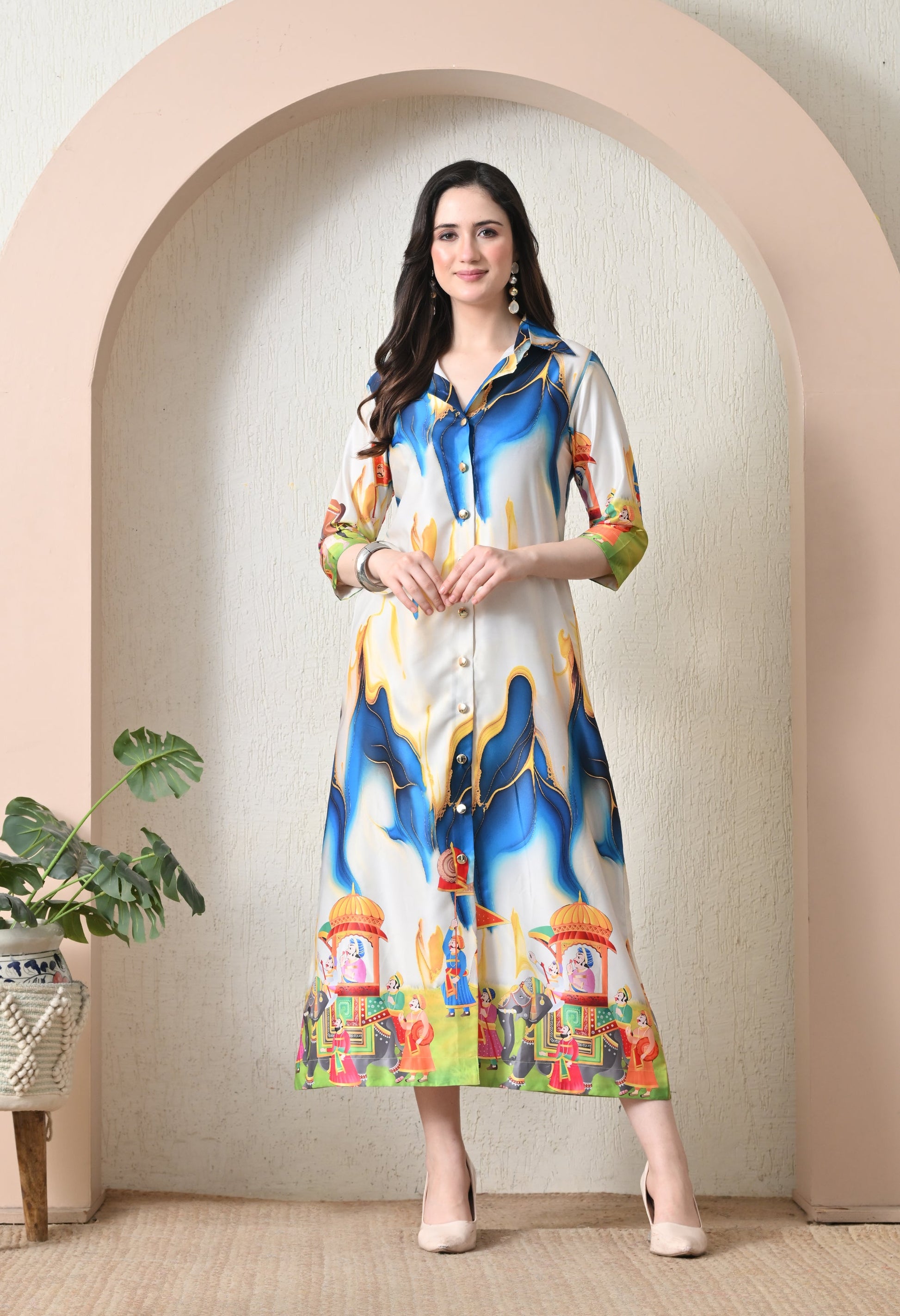Pichwai Art Print Satin Long Dress
