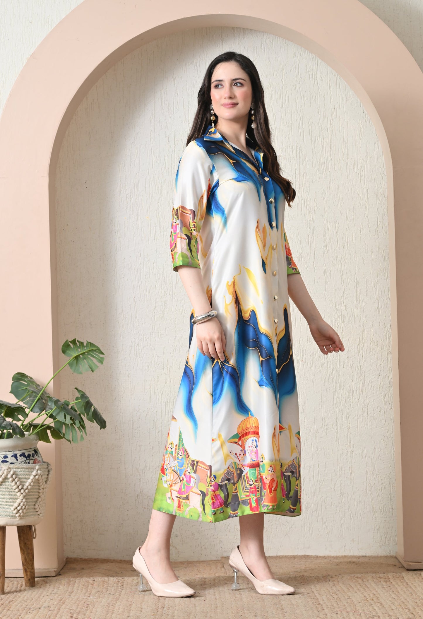 Pichwai Art Print Satin Long Dress
