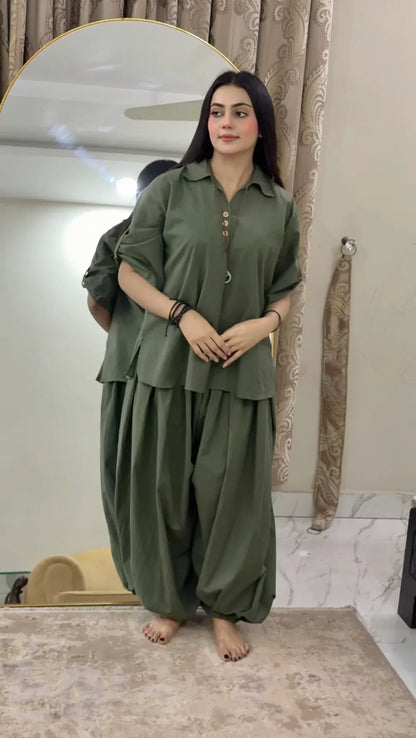 Ira Rayon Co-ord Set for Women | Relaxed Fit Shirt Top with Draped Pants