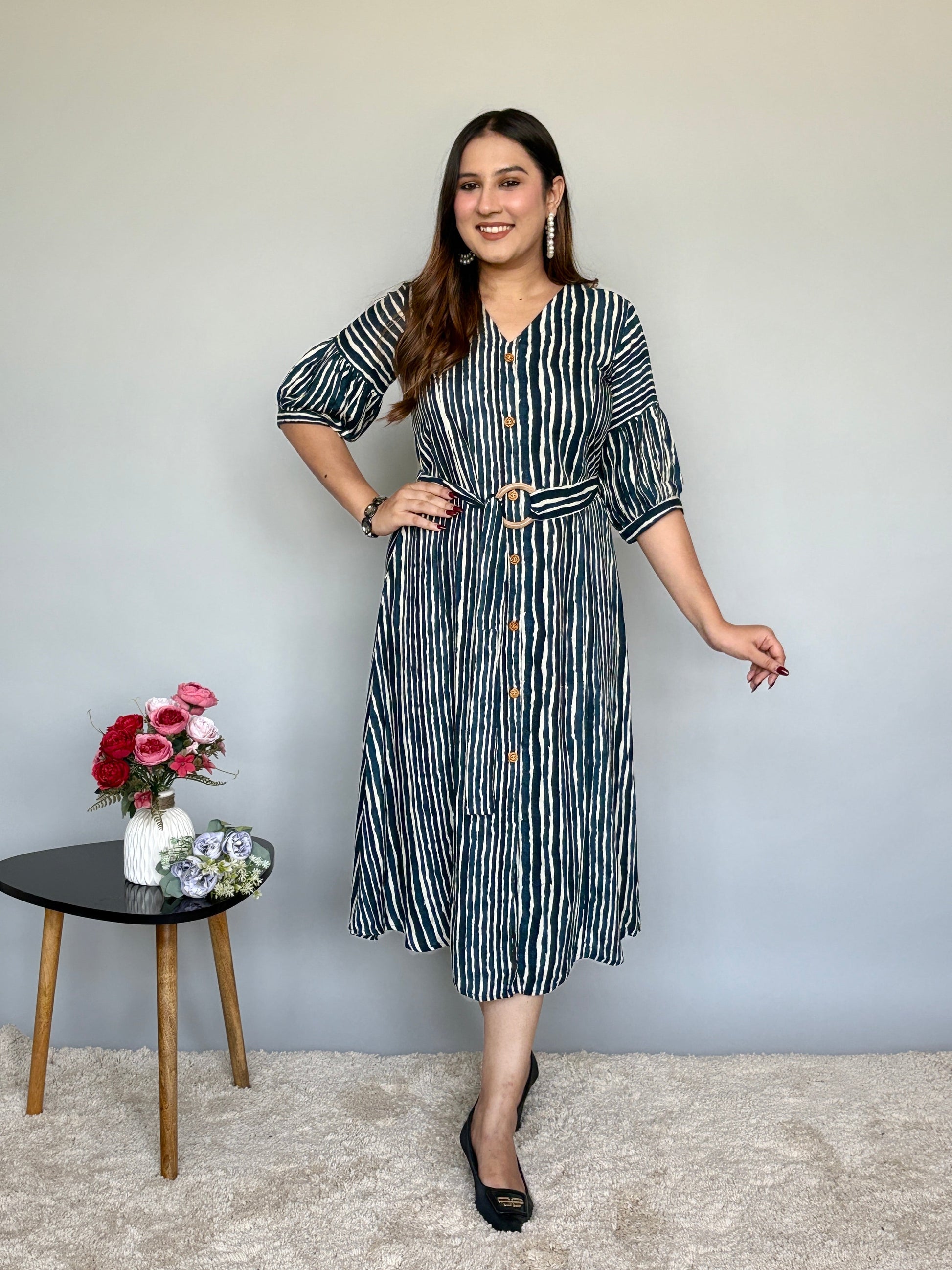 White And Blue Striped Midi Dress