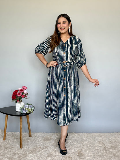 White And Blue Striped Midi Dress