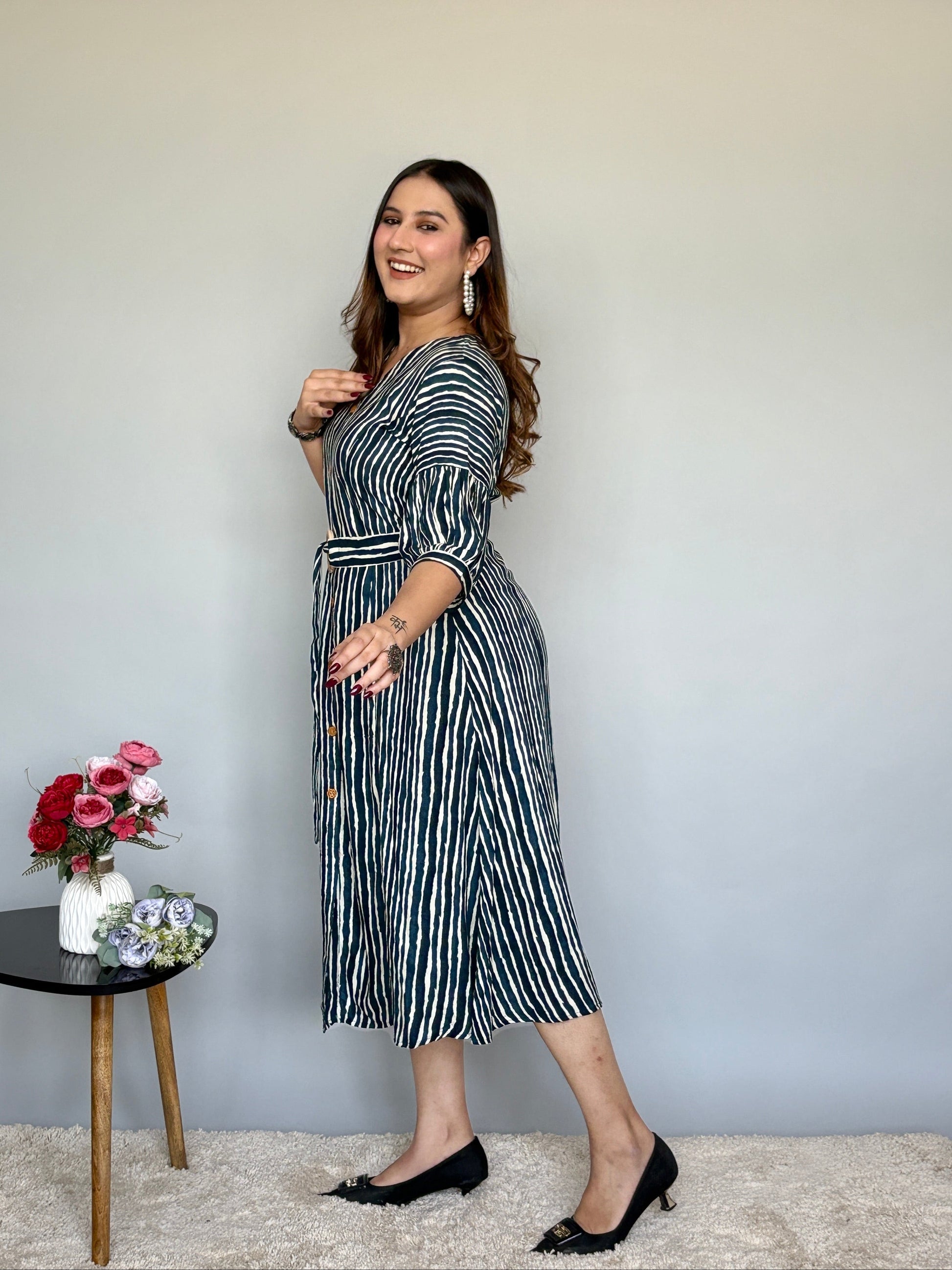 White And Blue Striped Midi Dress