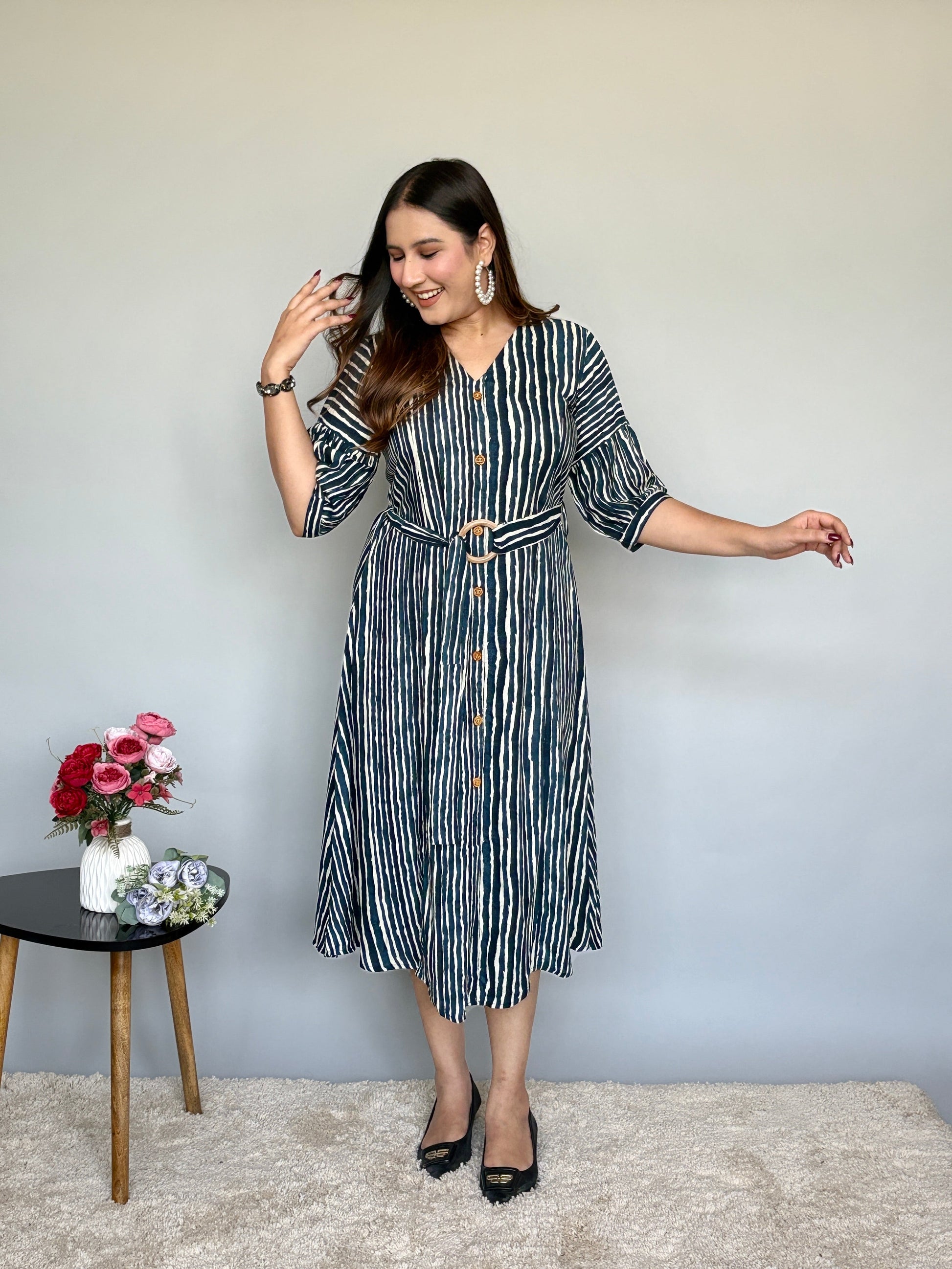 White And Blue Striped Midi Dress