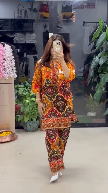 Women's Premium Orange Ethnic Printed Kurta Pant Set