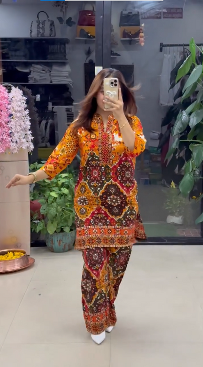 Women's Premium Orange Ethnic Printed Kurta Pant Set