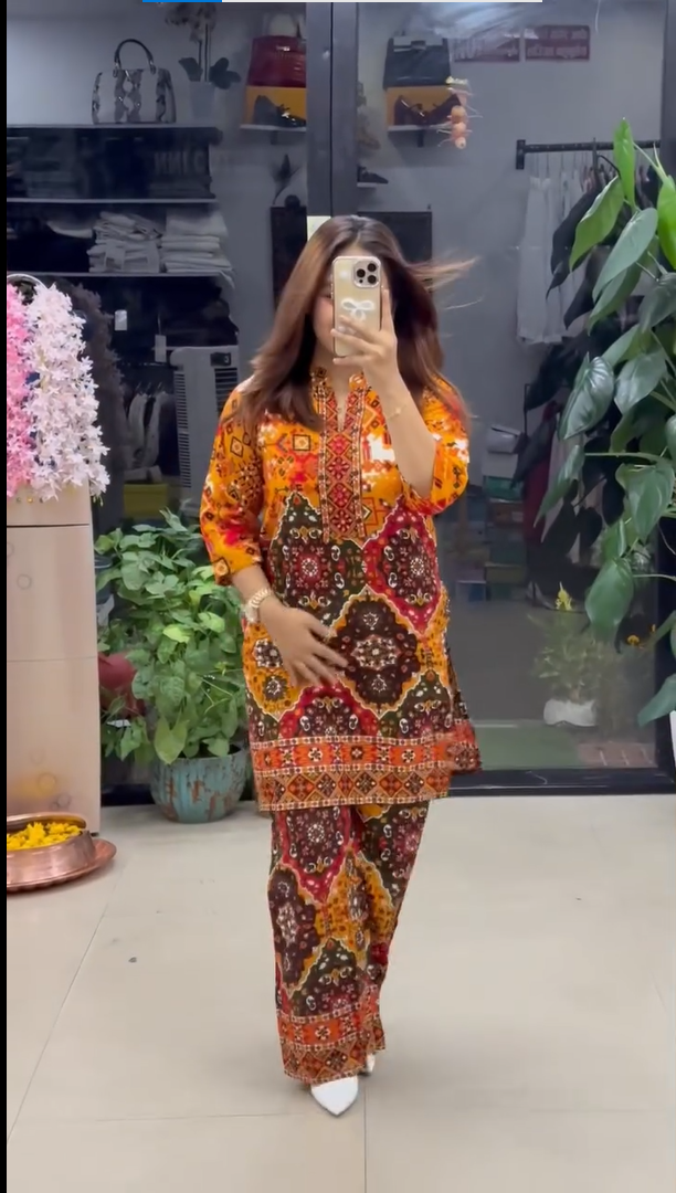 Women's Premium Orange Ethnic Printed Kurta Pant Set