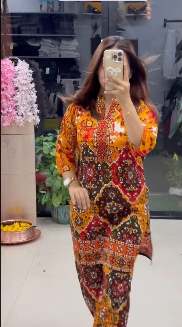 Women's Premium Orange Ethnic Printed Kurta Pant Set