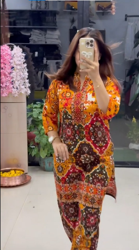 Women's Premium Orange Ethnic Printed Kurta Pant Set