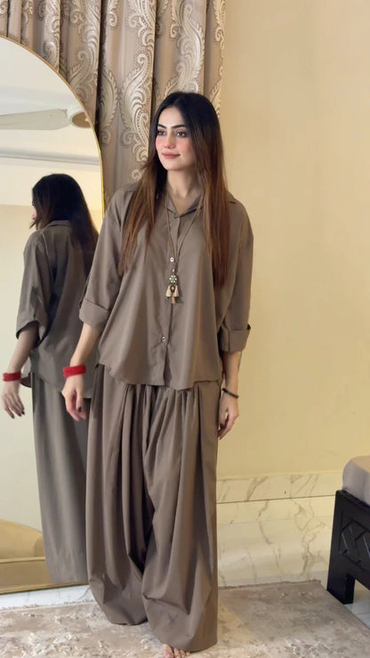 Ira Rayon Co-ord Set for Women | Relaxed Fit Shirt Top with Draped Pants