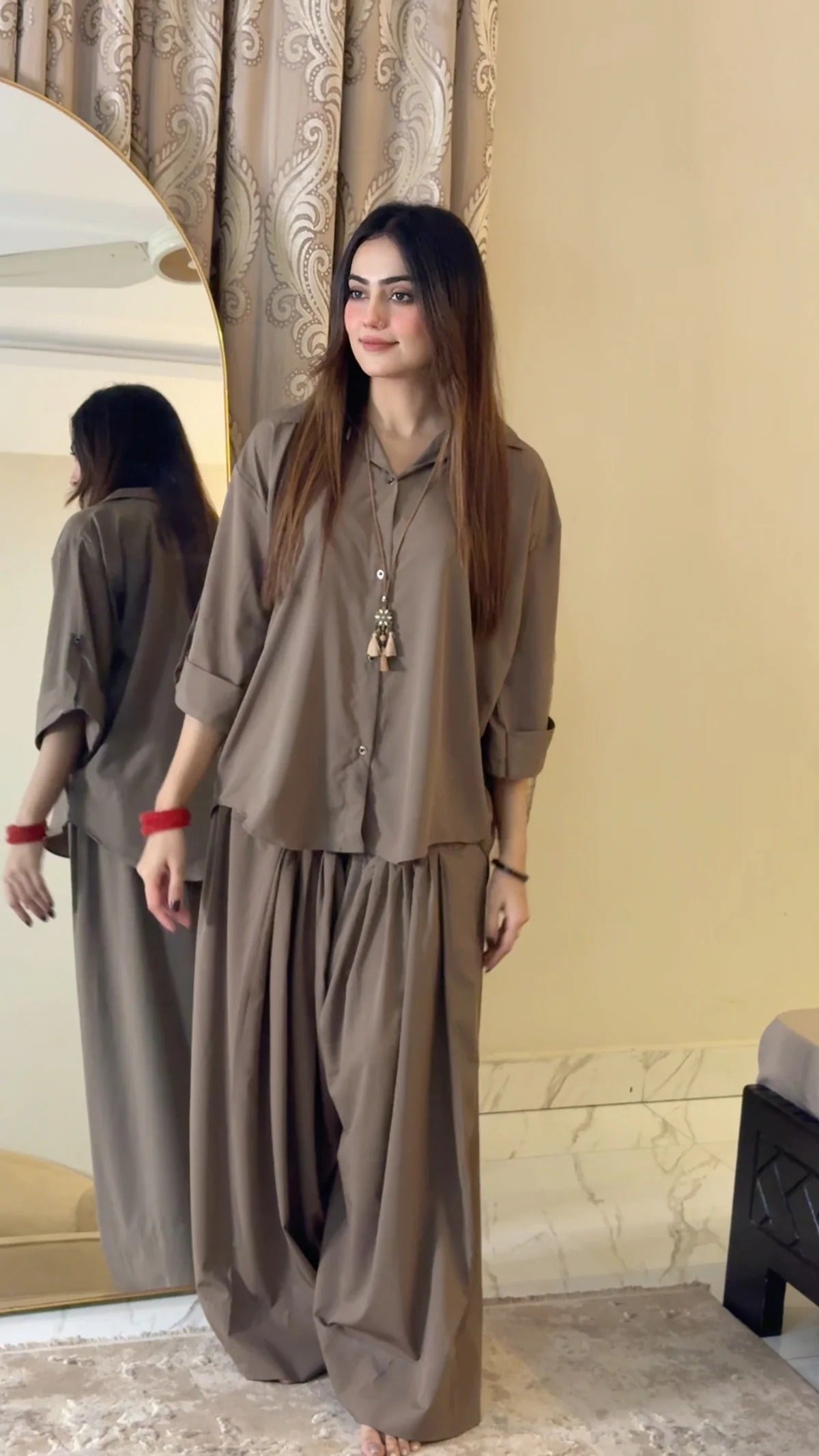 Ira Rayon Co-ord Set for Women | Relaxed Fit Shirt Top with Draped Pants