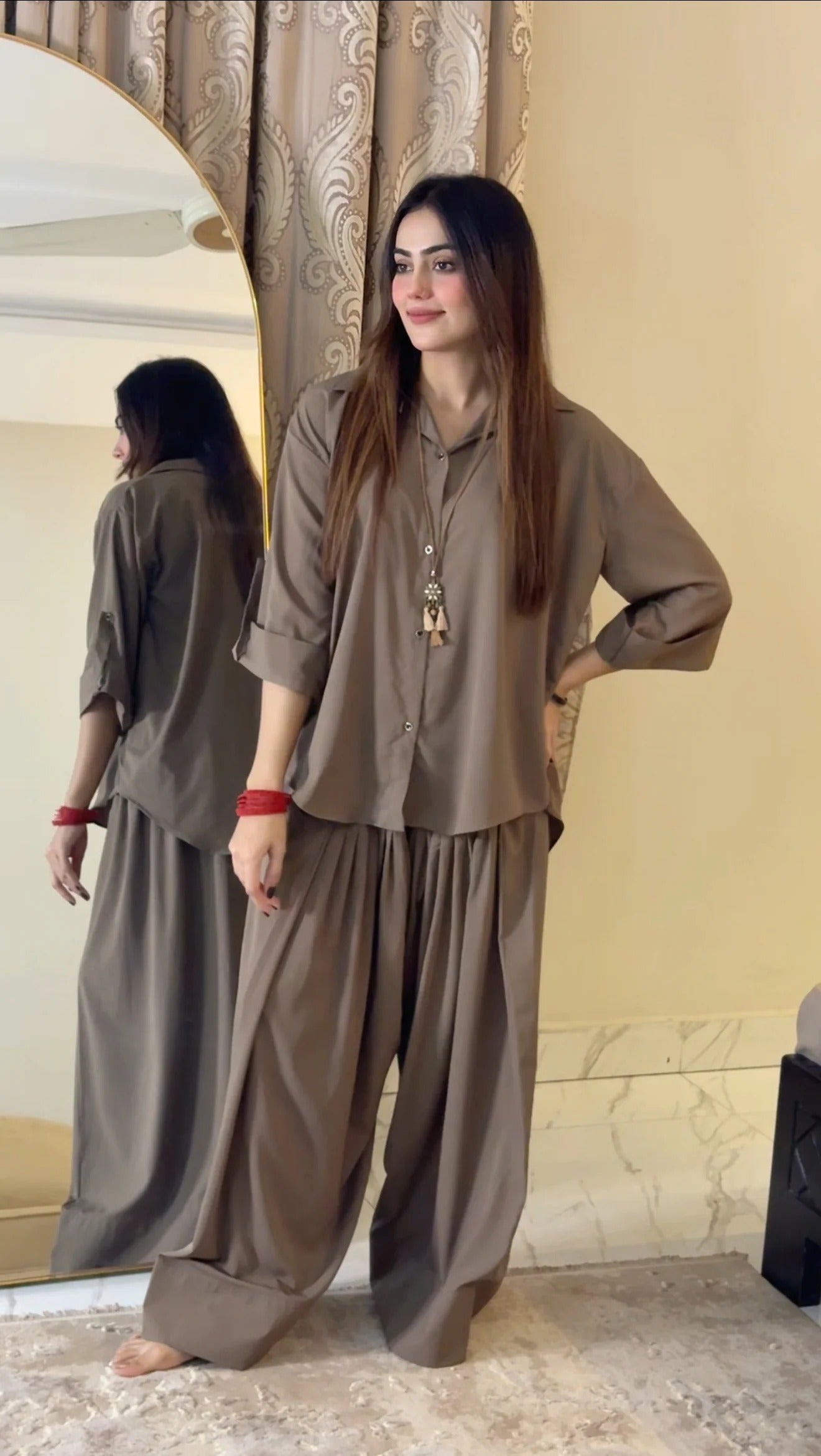 Ira Rayon Co-ord Set for Women | Relaxed Fit Shirt Top with Draped Pants