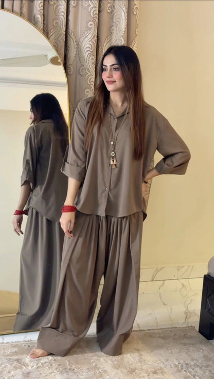 Ira Rayon Co-ord Set for Women | Relaxed Fit Shirt Top with Draped Pants