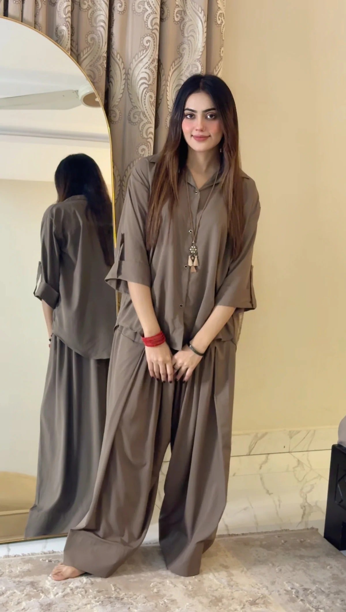 Ira Rayon Co-ord Set for Women | Relaxed Fit Shirt Top with Draped Pants