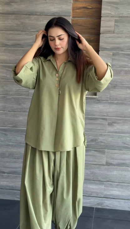 Ira Rayon Co-ord Set for Women | Relaxed Fit Shirt Top with Draped Pants