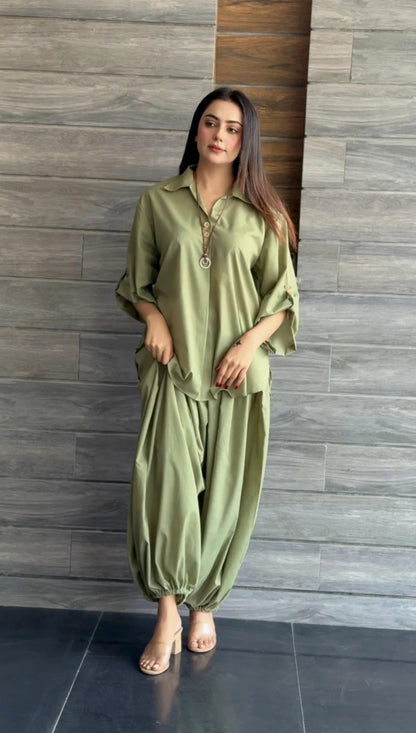 Ira Rayon Co-ord Set for Women | Relaxed Fit Shirt Top with Draped Pants