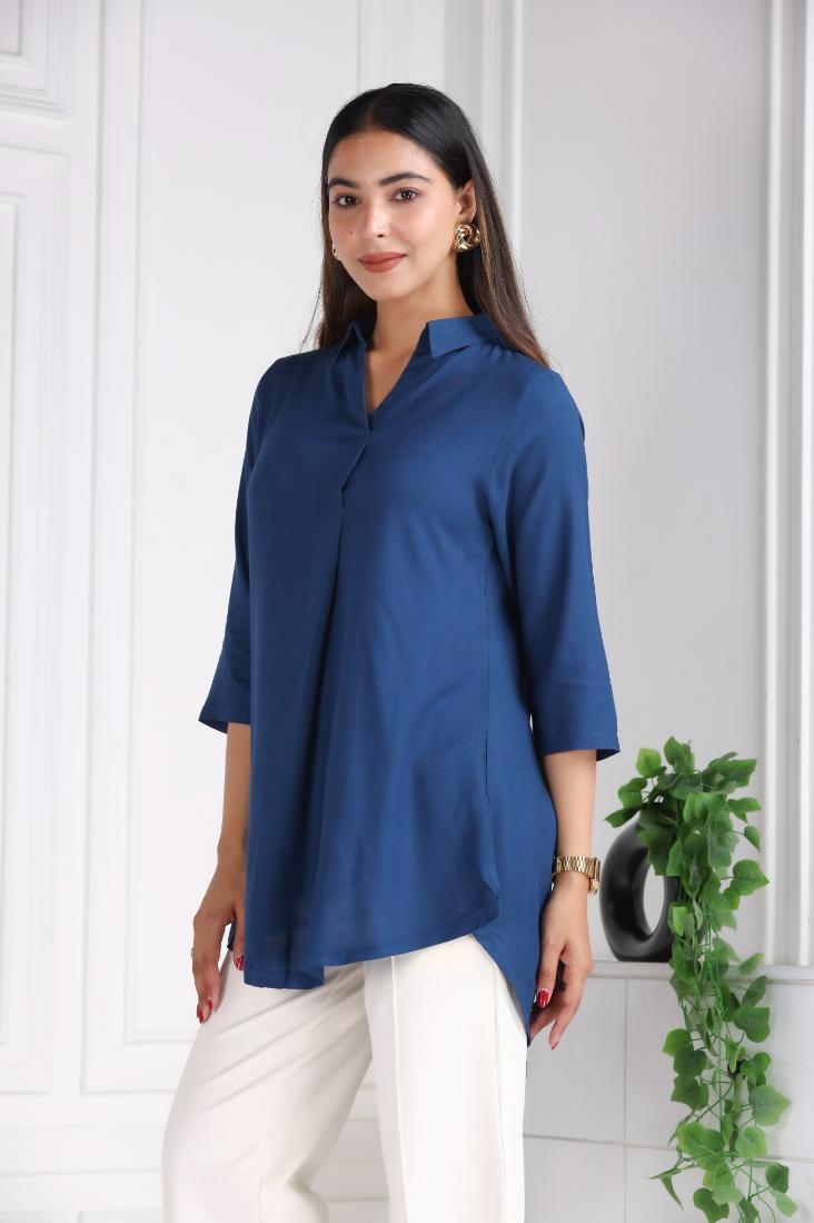Indigo blue rayon flare top [ Premium 100% Rayon, Liva Certified ]
