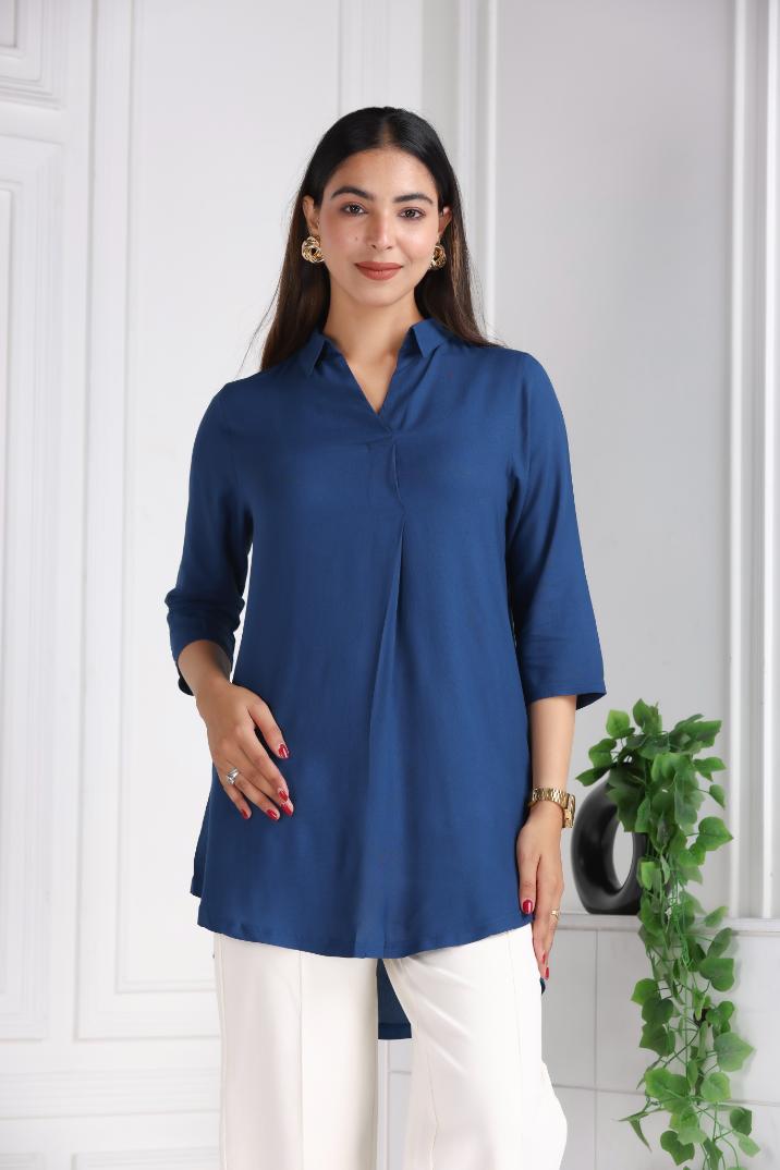 Indigo blue rayon flare top [ Premium 100% Rayon, Liva Certified ]