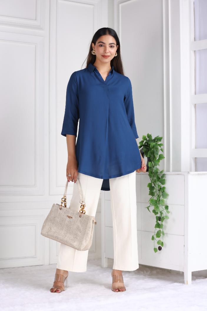 Indigo blue rayon flare top [ Premium 100% Rayon, Liva Certified ]