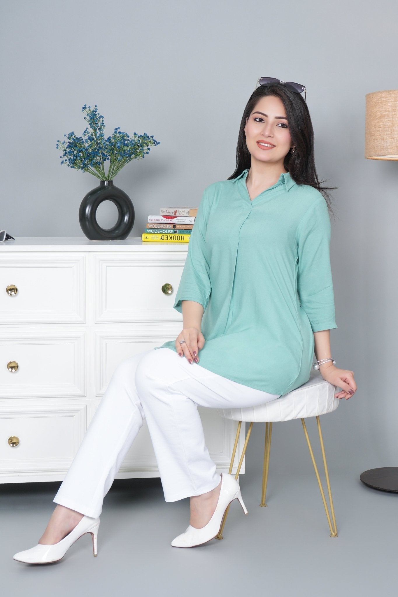 Sea green rayon flare top [ 100% Rayon, Liva Certified ]